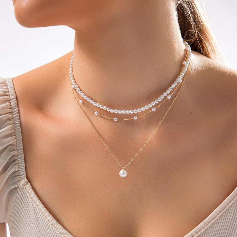 Zeffy Gold Pearl Necklace for Women, Dainty 14K Gold/Silve Plated Layered Pearl Choker Pearl Earrings Pearl Bracelets Wedding Trendy Gold Jewelry Set for Women Gifts - Image 2